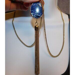 Bohemian Blue Gemmed Pendant Necklace With Gold Tone Chain Tassel